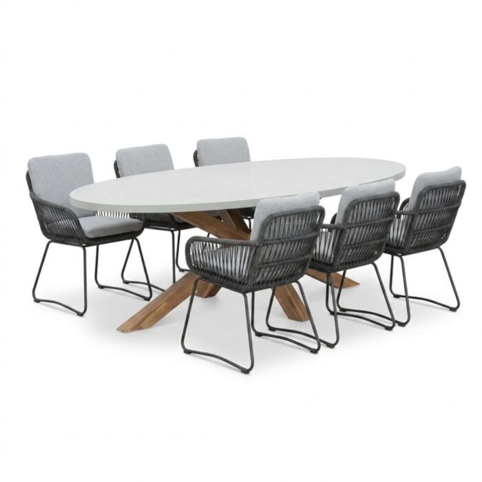 BUITEN living Livorno/Harper Stone Grey dining tuinset | 6 personen | polystone + touw | 240cm – Betonlook