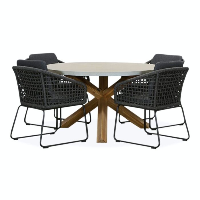 BUITEN living Nancy/Tulum Lava Grey dining tuinset | 4 personen | betonlook + touw | 135cm rond – Grijs