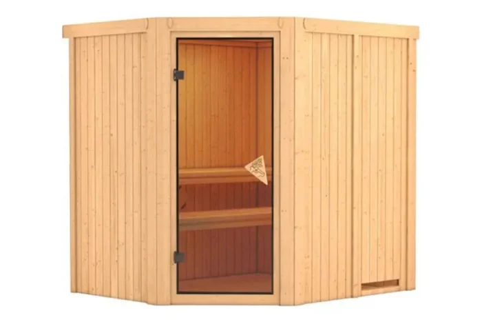 Karibu | Lilja Sauna met Dakkraag | Bronzeglas Deur | Kachel 3,6 kW Externe Bediening
