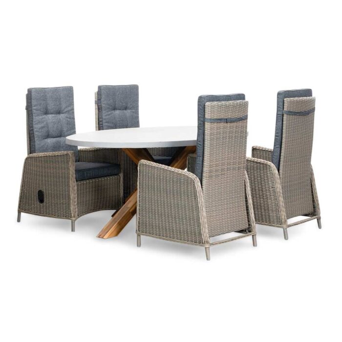 BUITEN living Livorno/Rennes dining tuinset | 4 personen | betonlook + wicker | 200cm ovaal – Light Teak, Betonlook, Antraciet