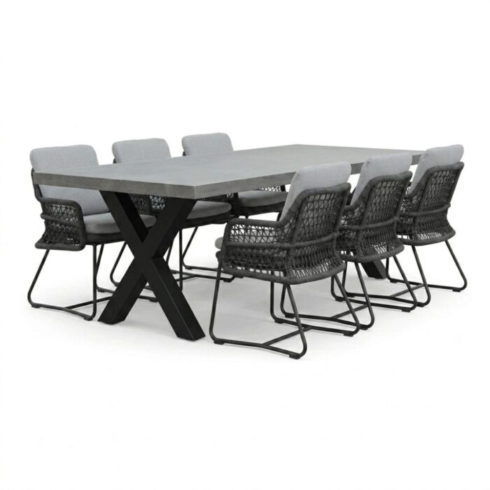BUITEN living Lyon/Gianna Stone Grey dining tuinset | 6 personen | polystone + touw | 250cm – Betonlook