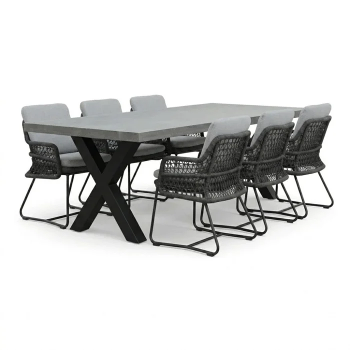 BUITEN living Lyon/Gianna Stone Grey dining tuinset | 6 personen | polystone + touw | 250cm - Betonlook