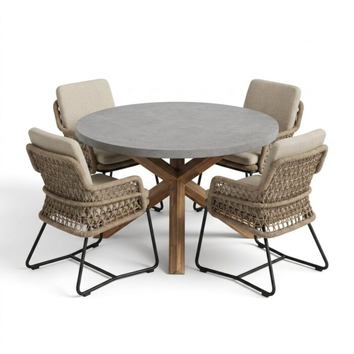 BUITEN living Nancy/Gianna Sahara Dust dining tuinset | 4 personen | polystone + touw | Ø135cm rond