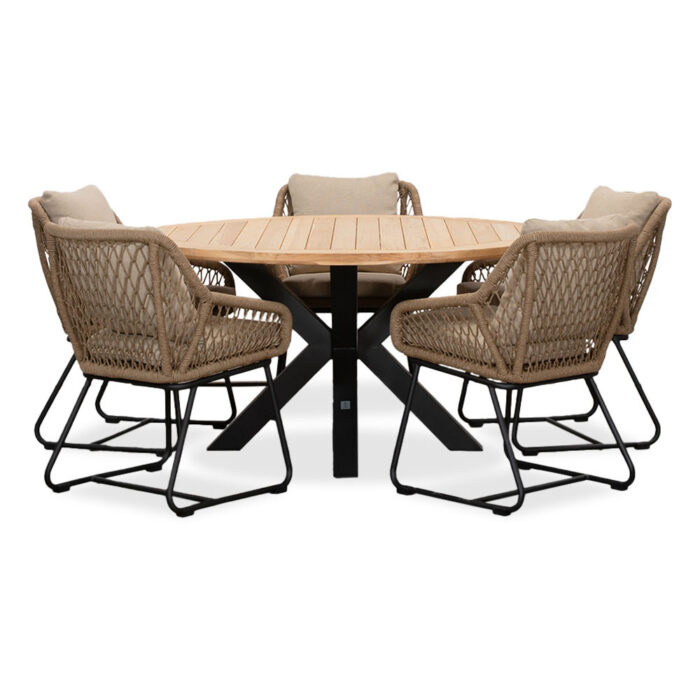 LUX outdoor living Cleve/Portofino Sahara Dust dining tuinset | 5 personen | teakhout + touw | 140cm rond – Zand
