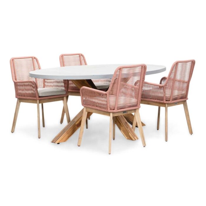 BUITEN living Livorno/Padua terra dining tuinset | 4 personen | betonlook + touw | 200cm ovaal – Light Teak, Betonlook, Rood