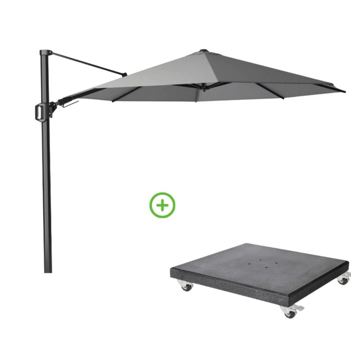 Platinum Challenger T² zweefparasol premium doek | Ø350cm rond met Modena parasolvoet 120kg | Manhattan – Grijs