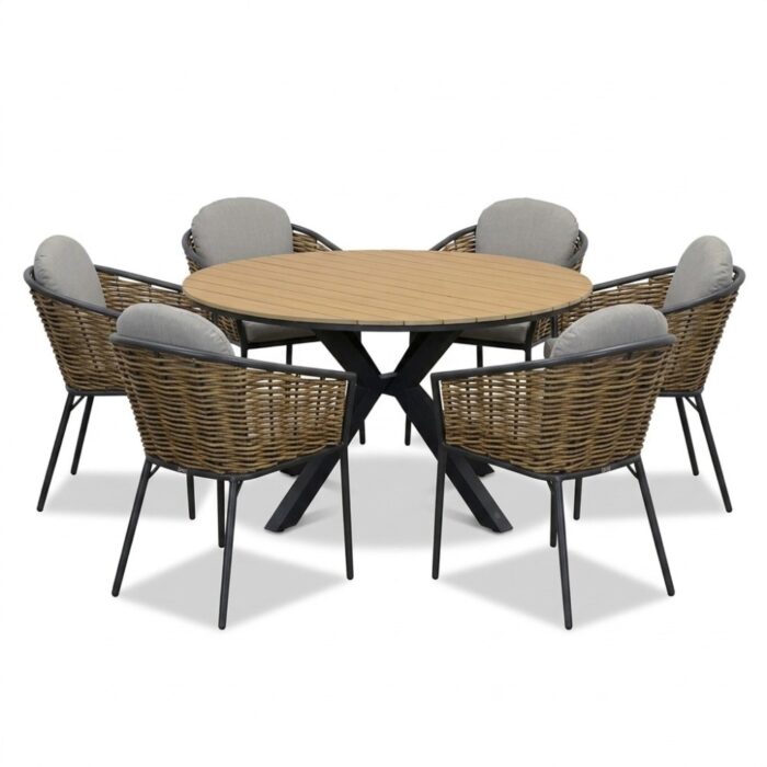 LUX outdoor living Cervo/Lucca dining tuinset | 6 personen | polywood + wicker | Ø144cm rond – Zand
