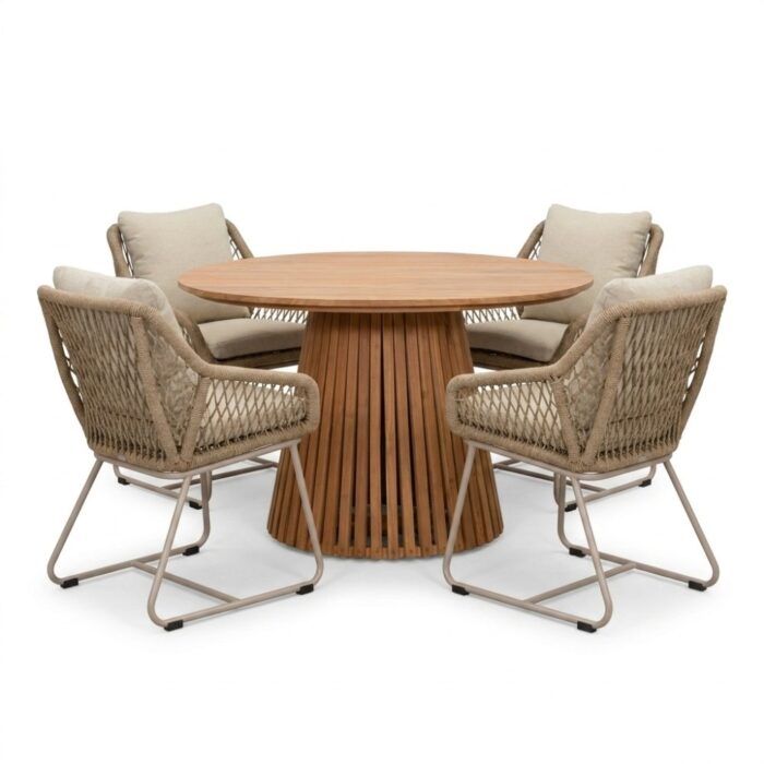 BUITEN living Palau/Portofino Sandstone dining tuinset | 4 personen | teakhout + touw | Ø120cm rond – Taupe – Naturel – Bruin, Beige