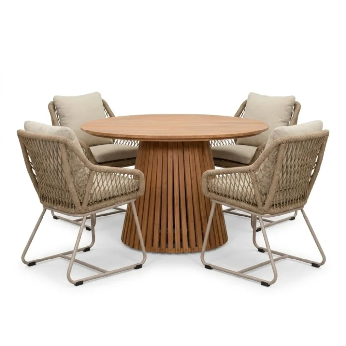 BUITEN living Palau/Portofino Sandstone dining tuinset | 4 personen | teakhout + touw | Ø120cm rond - Taupe - Naturel - Bruin, Beige