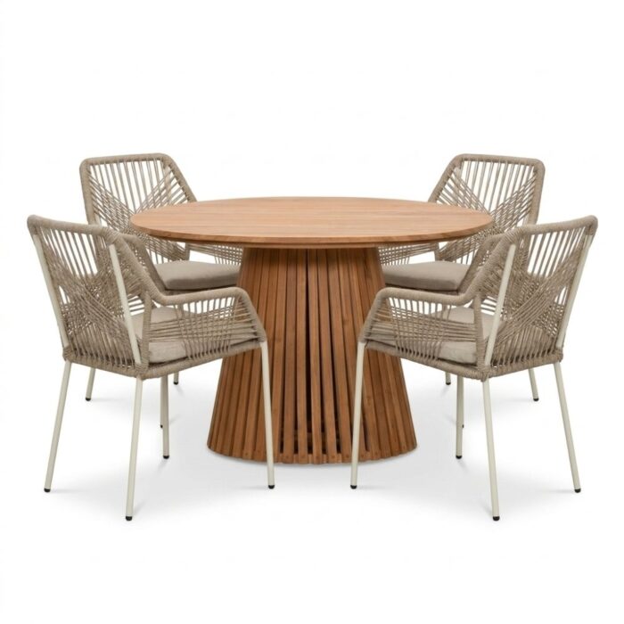 BUITEN living Palau/Seville beige dining tuinset | 4 personen | teakhout + touw | Ø120cm rond