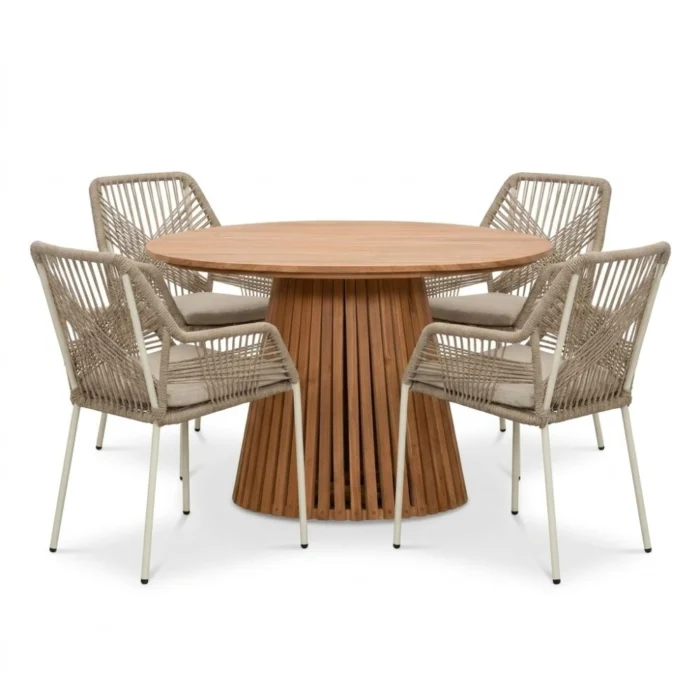 BUITEN living Palau/Seville beige dining tuinset | 4 personen | teakhout + touw | Ø120cm rond