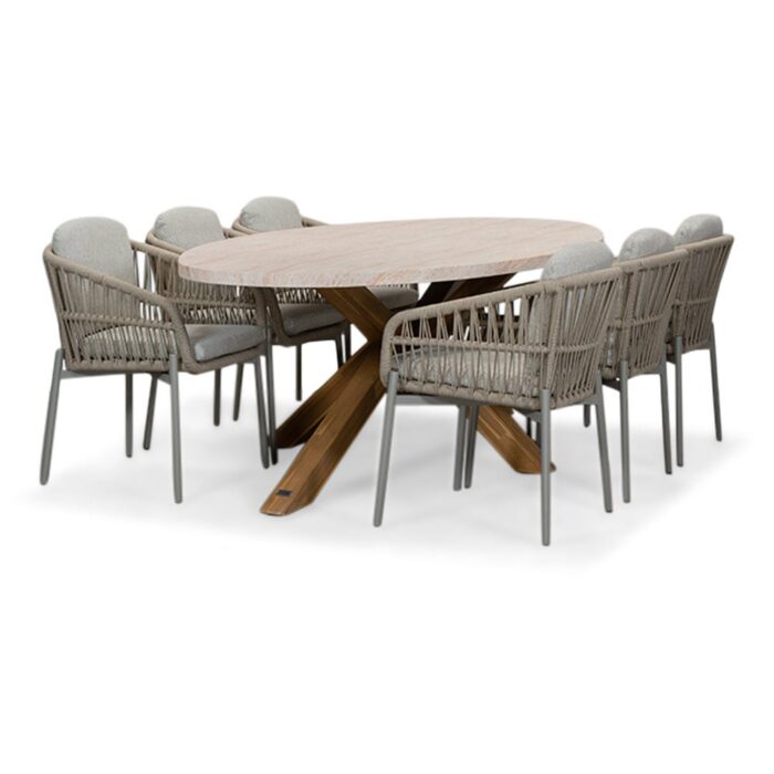 BUITEN living Lorento/Rico zand dining tuinset | 6 personen | travertin + touw | 240cm