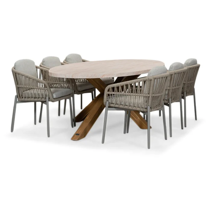 BUITEN living Lorento/Rico zand dining tuinset | 6 personen | travertin + touw | 240cm