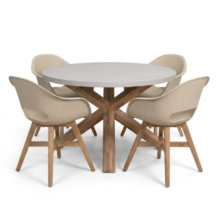 BUITEN living Nancy/Karlstad beige dining tuinset | 4 personen | polystone + kunststof | Ø135cm rond