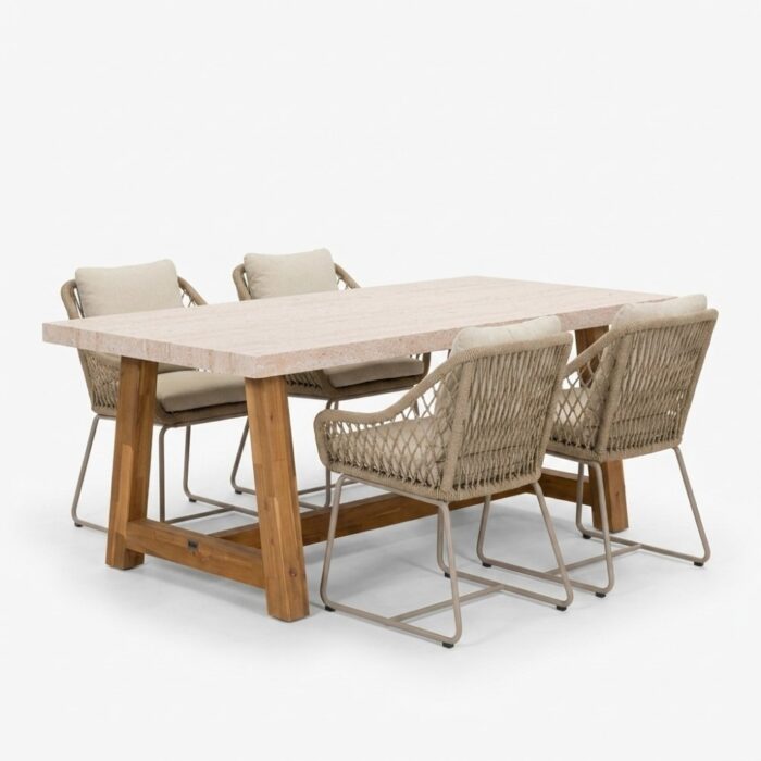 BUITEN living Velora/Portofino Sandstone dining tuinset | 4 personen | polystone + touw | 200cm – Taupe – Naturel – Bruin, Beige