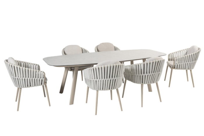 Taste Eva diningset met Manolo tafel latte printed keramiek 240 x 103 cm