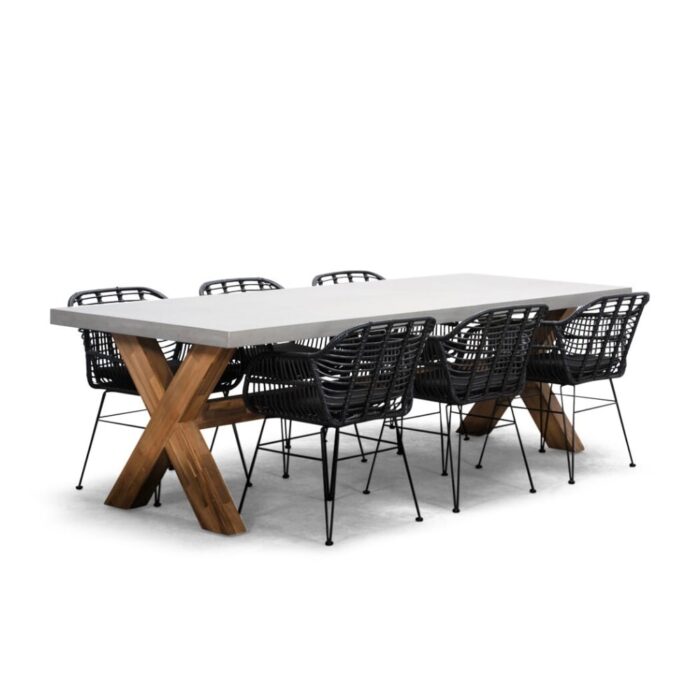 BUITEN living Norwich/Napels dining tuinset | 6 personen | betonlook + wicker | 250cm – Taupe – Naturel – Bruin, Betonlook, Zwart