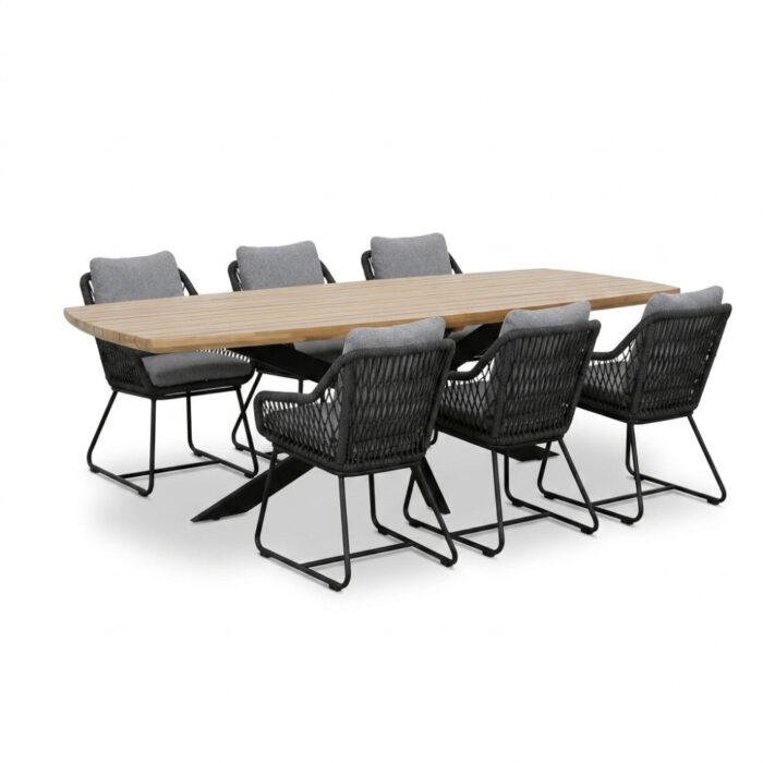 LUX outdoor living Salo/Portofino Stone Grey dining tuinset | 6 personen | hardhout + touw | 240cm Deens ovaal – Grijs