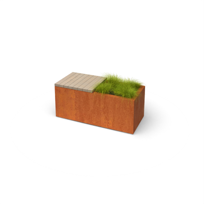 Geroba Florisa Rechthoekige cortenstaal plantenbak met hardhout zitbank L100 x B40 x H42 cm – bruin
