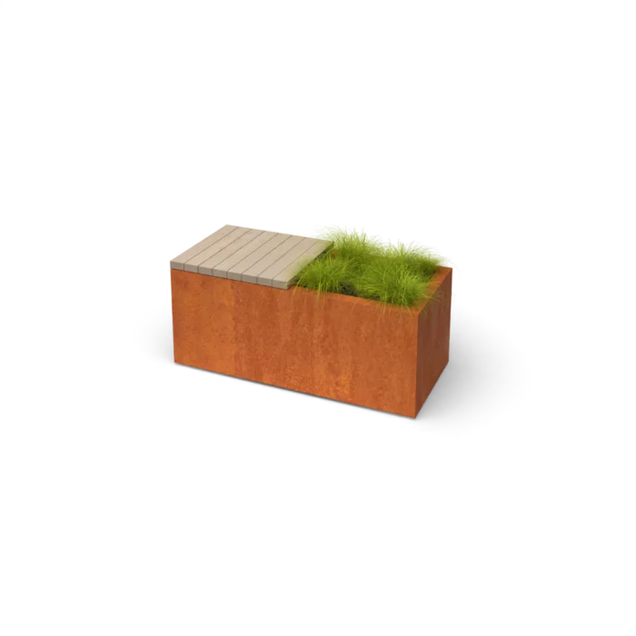 Geroba Florisa Rechthoekige cortenstaal plantenbak met hardhout zitbank L100 x B40 x H42 cm - bruin
