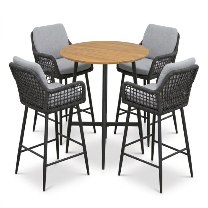 LUX outdoor living Valencia Stone Grey dining barset | 4 personen | teakhout + touw | 90cm