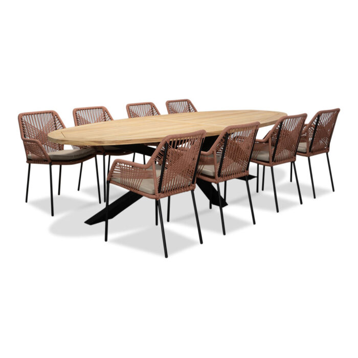 LUX outdoor living Cleve/Seville terra dining tuinset | 8 personen | teakhout + touw | 280cm ovaal – Zwart, Rood