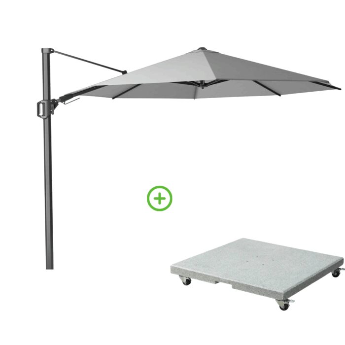 Platinum Challenger T² zweefparasol | Ø350cm rond met Rocca parasolvoet 90kg | Light Grey – Lichtgrijs