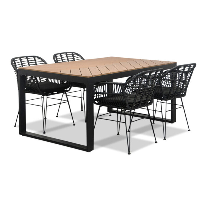LUX outdoor living Kampa Natural/Napels dining tuinset | 4 personen | polywood + wicker | 160cm – Taupe – Naturel – Bruin, Zwart