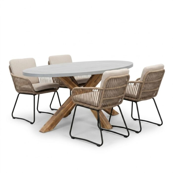 BUITEN living Livorno/Harper Sahara Dust dining tuinset | 4 personen | polystone + touw | 200cm – Betonlook