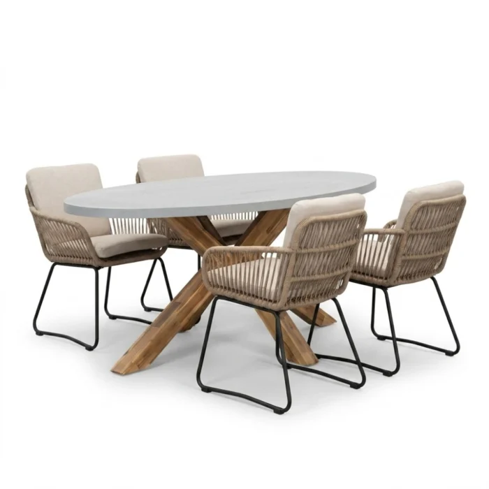 BUITEN living Livorno/Harper Sahara Dust dining tuinset | 4 personen | polystone + touw | 200cm - Betonlook