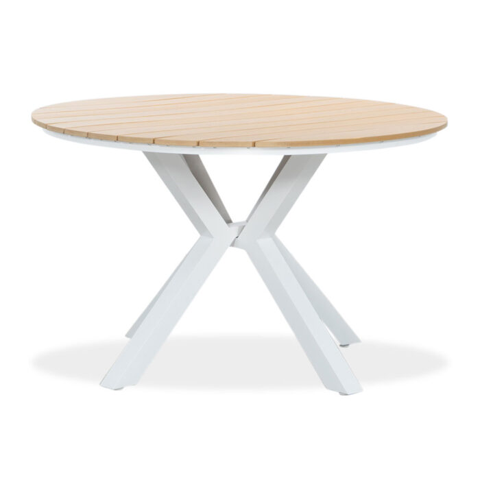 LUX outdoor living Calgary dining tuintafel 4 personen | polywood + aluminium | Natural Wood | Ø120cm rond – Natural Teak, Wit