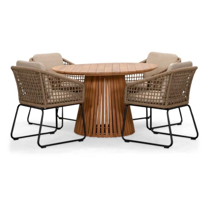 BUITEN living Palau/Tulum Sahara Dust dining tuinset | 4 personen | teakhout + touw | 120cm rond – Zand