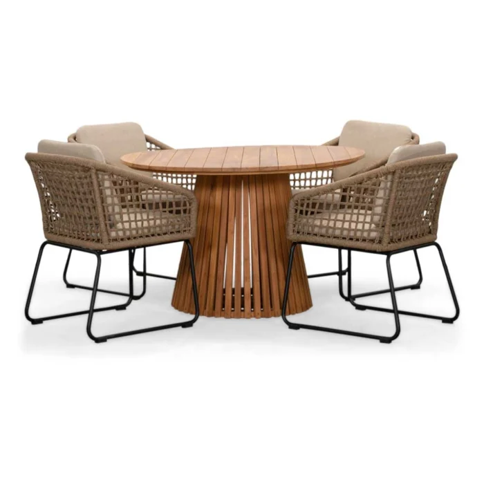 BUITEN living Palau/Tulum Sahara Dust dining tuinset | 4 personen | teakhout + touw | 120cm rond - Zand
