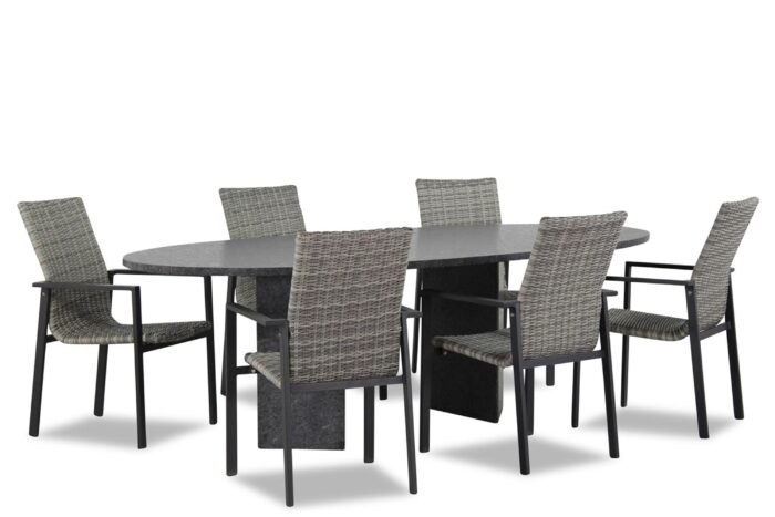 Lifestyle Garden Furniture Upton/Graniet ovaal 240 cm dining tuinset 7-delig stapelbaar – Grijs-antraciet