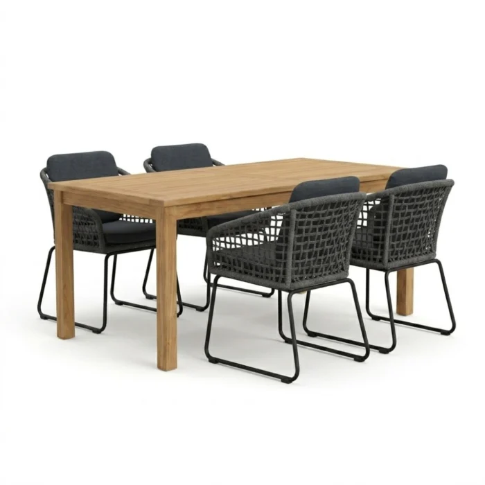 BUITEN living Singapore/Tulum Lava Grey dining tuinset | 4 personen | teakhout + touw | 150cm - Natural Teak