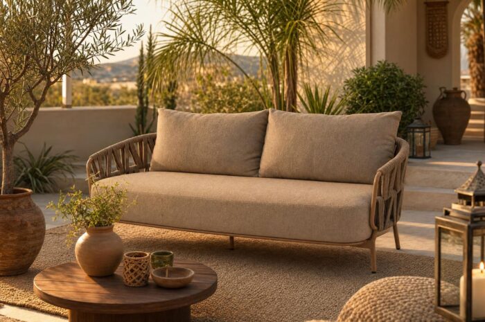 4 Seasons Outdoor Seasons Biarritz 3 seater bench amber with 3 cushions – Taupe-naturel-bruin