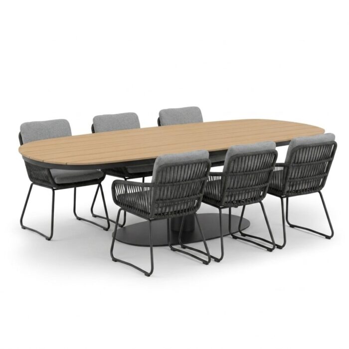 LUX outdoor living Panama antraciet/Harper Stone Grey dining tuinset | 6 personen | polywood + touw | 260cm