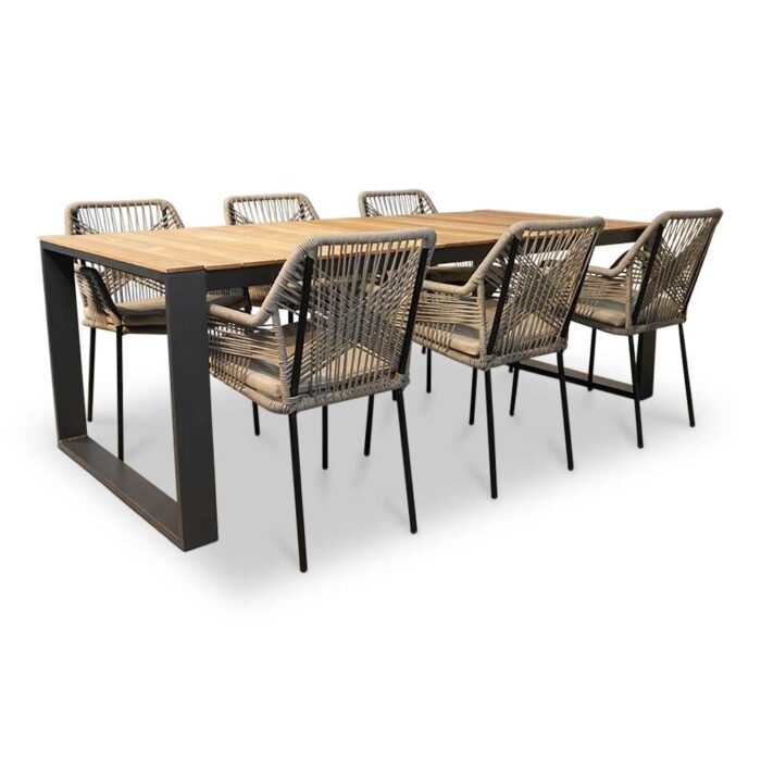 LUX outdoor living Atlanta/Seville zand dining tuinset | 6 personen | teakhout + touw | 218cm – Taupe – Naturel – Bruin, Natural Teak