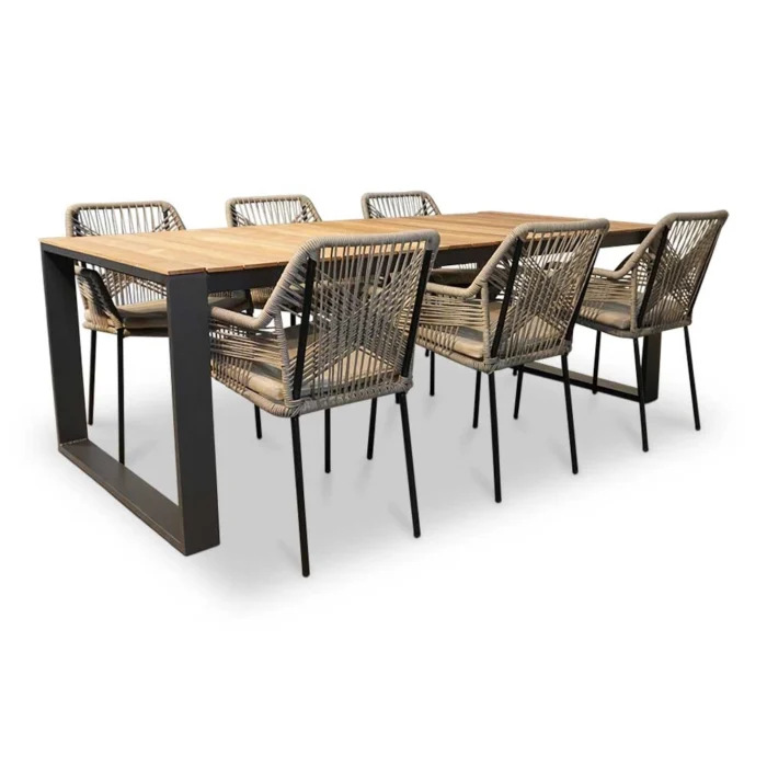 LUX outdoor living Atlanta/Seville zand dining tuinset | 6 personen | teakhout + touw | 218cm - Taupe - Naturel - Bruin, Natural Teak