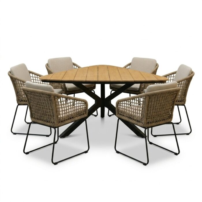 LUX outdoor living Corsica/Tulum Sahara Dust dining tuinset | 6 personen | polywood + touw | 158cm – Naturel