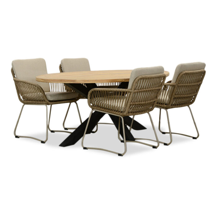 LUX outdoor living Cleve/Harper Sandstone dining tuinset | 4 personen | teakhout + touw | 200cm ovaal – Zand