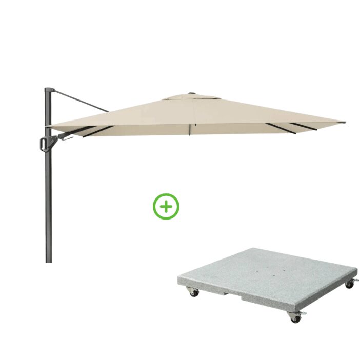 Platinum Challenger T² zweefparasol premium doek | 350x260cm met Rocca parasolvoet 90kg | Champagne – Taupe – Naturel – Bruin, Beige