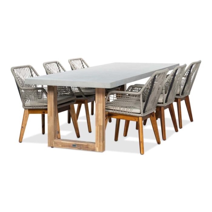 BUITEN living Lausanne/Seville hout zand dining tuinset | 6 personen | betonlook + touw | 250cm – Light Teak, Betonlook