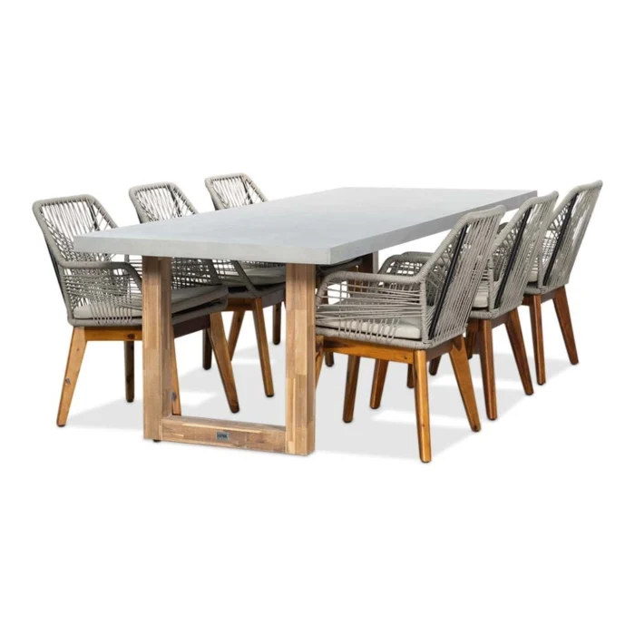 BUITEN living Lausanne/Seville hout zand dining tuinset | 6 personen | betonlook + touw | 250cm - Light Teak, Betonlook