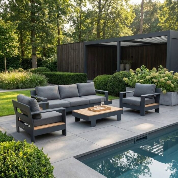 LUX outdoor living Riviera stoel-bank loungeset 5 personen | aluminium + teak | antraciet | 4-delig
