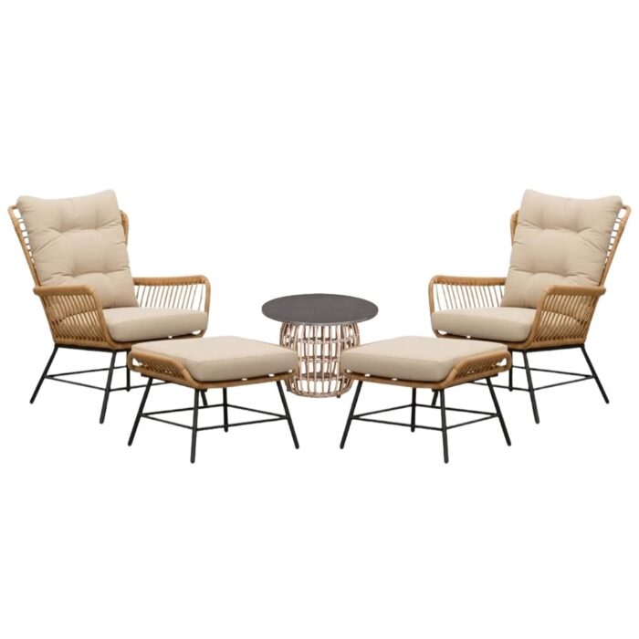 BUITEN living Dex lounge balkonset 2 personen | wicker + aluminium | Bamboo taupe | 5-delig – Taupe – Naturel – Bruin