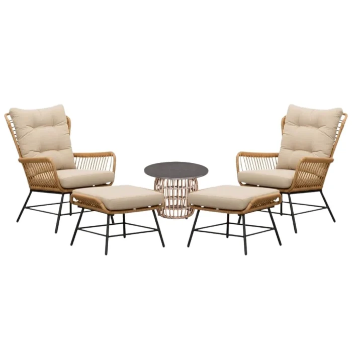BUITEN living Dex lounge balkonset 2 personen | wicker + aluminium | Bamboo taupe | 5-delig - Taupe - Naturel - Bruin
