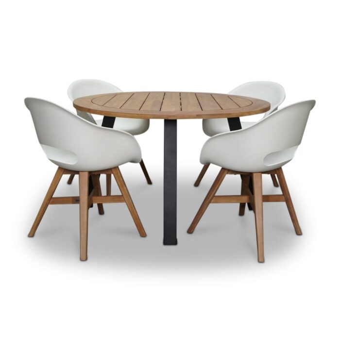 BUITEN living Cork/Karlstad wit dining tuinset | 4 personen | hardhout + staal | 130cm rond