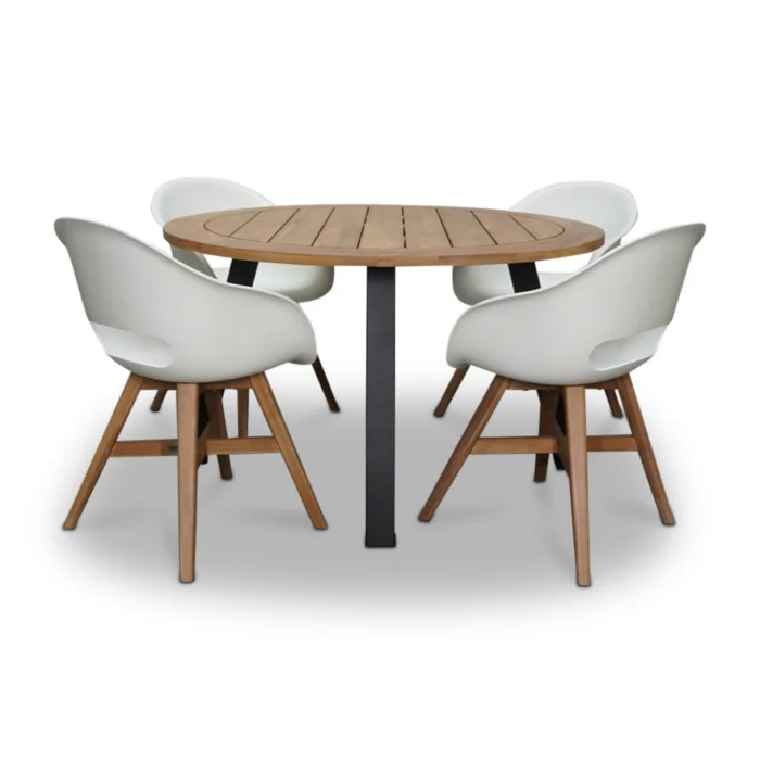 BUITEN living Cork/Karlstad wit dining tuinset | 4 personen | hardhout + staal | 130cm rond