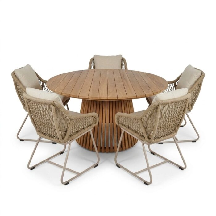 BUITEN living Palau/Portofino Sandstone dining tuinset | 5 personen | teakhout + touw | Ø140cm rond – Taupe – Naturel – Bruin, Beige